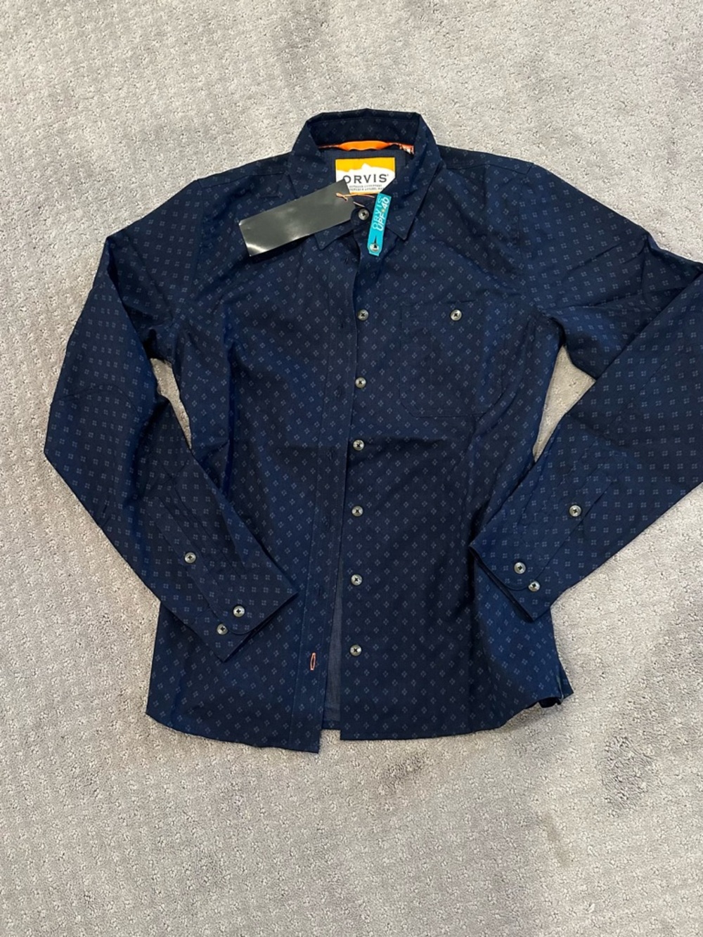 Orvis Navy Micro-Diamond Button-Down Shirt with Orange Trim